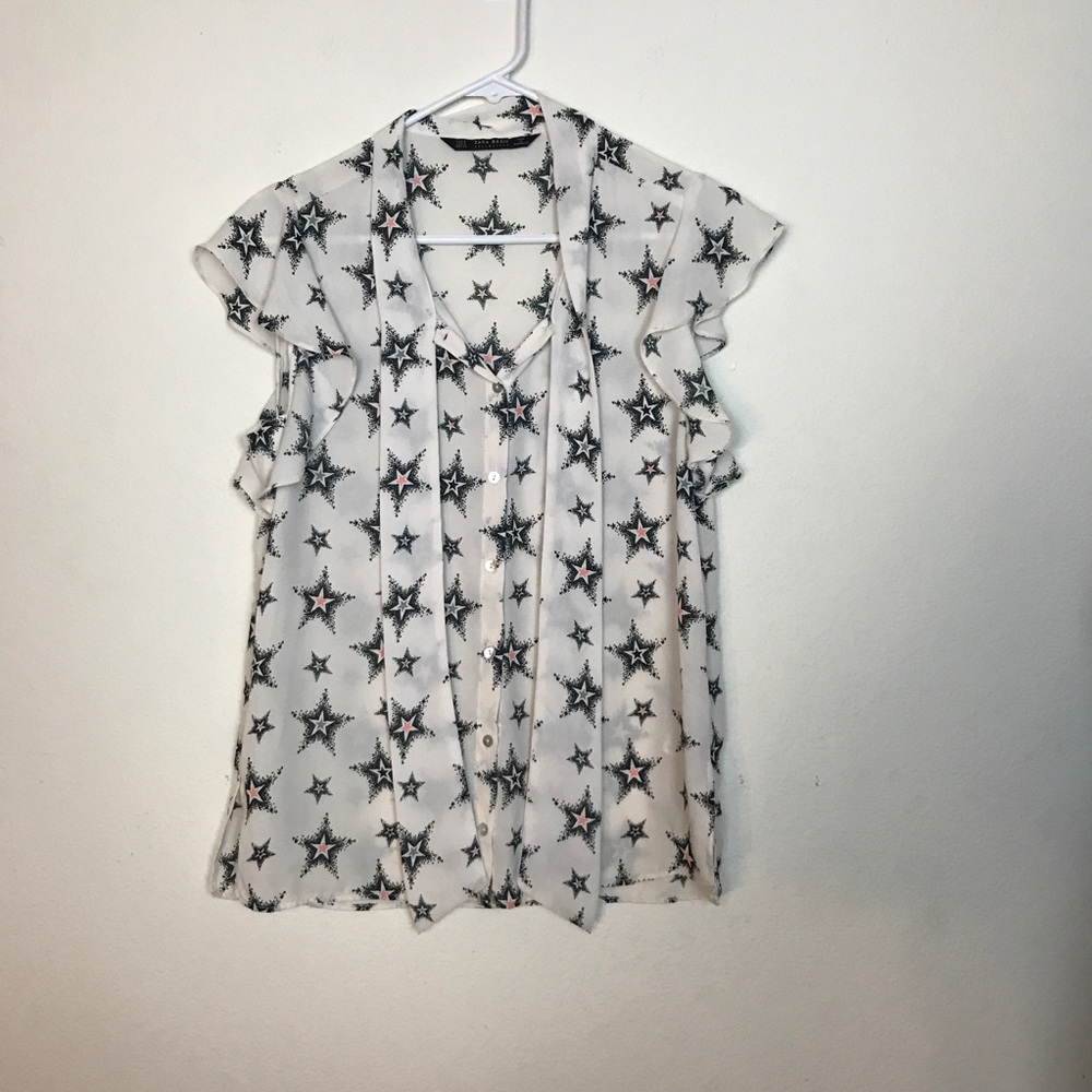 Zara Basic- White Button Up Black Star Blouse - image 2